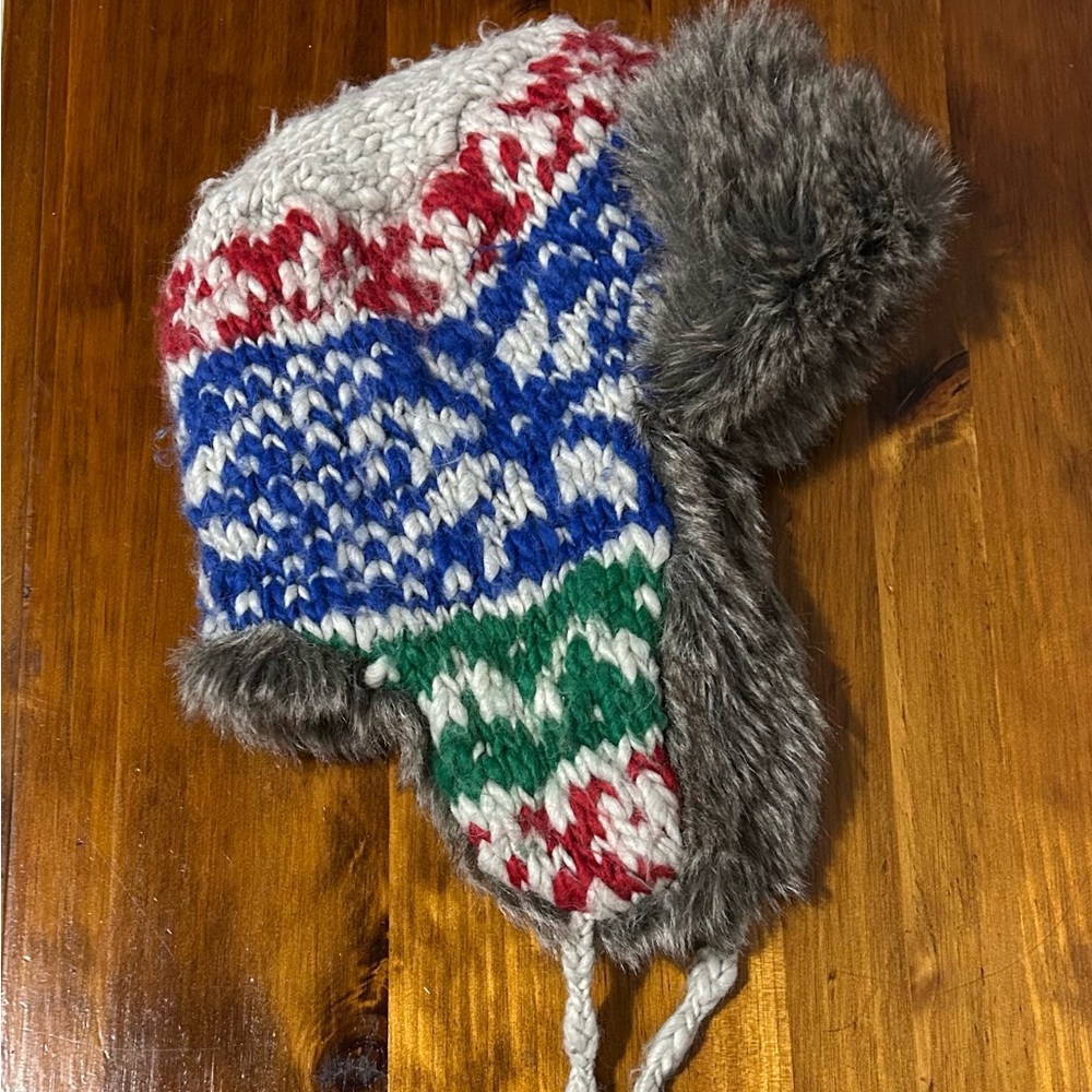 American Eagle Outfitters Red and Blue Trapper Hat with Faux Fur